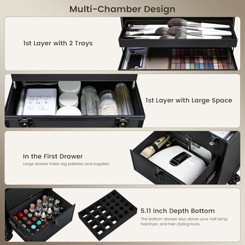Rolling Makeup Train Case with 2 Drawers & Lockable Trays