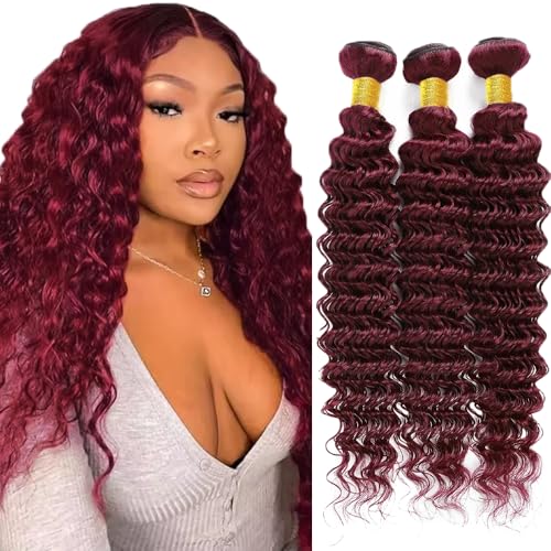 GtaiiReu 99J Wine Red Deep Wave Human Hair Bundles 22-26 Inch, Unprocessed Brazilian Virgin Extensions, 3 Pack
