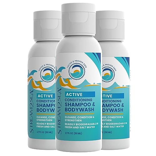 3 in 1 Hair Shampoo, Conditioner & Body wash | 1 Fl oz Reef Safe and Paraben Free All Natural Camping Hair Shampoo & Liquid Soap | Travel Size All In One Skin & Hair Care | Pack of 3 by Stream2Sea