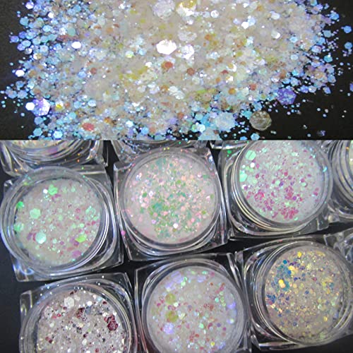 LoveOurHome 24 Box Iridescent Aurora Glitters Powder Pigment Nail Decorations Hexagon Chunky Flakes Sequins Accessories for Resin Epoxy Crafts Festival Makeup Body Acrylic Nails Design