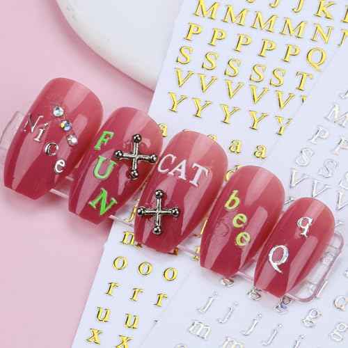 12 Sheets Alphabet Nail Art Stickers 3D Black White Gold Nail Letter Stickers Large Small Self-Adhesive English Nail Decals Manicure Accessories for Women Girls DIY Nail Art Design