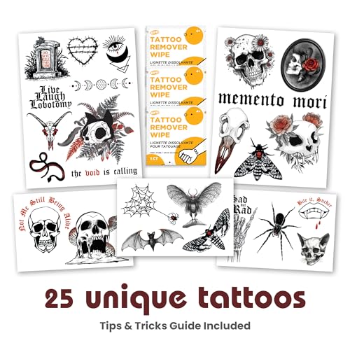 Savvi - 25 Gothic Temporary Tattoos: Skin-Safe Ink, Box Set Includes Tattoo Remover Wipes, Great for Parties or Everyday Wear, Gifts for Boys and Girls Ages 4-12+ [5 sheets, 25 count]