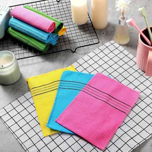 Tatuo 12 Pieces Korean Exfoliating Mitt Glove Italy Towel Body Skin Scrubber Exfoliating Scrubber for Remove Dead Skin Washcloth Korean(Large,Yellow, Green, Blue, Pink)