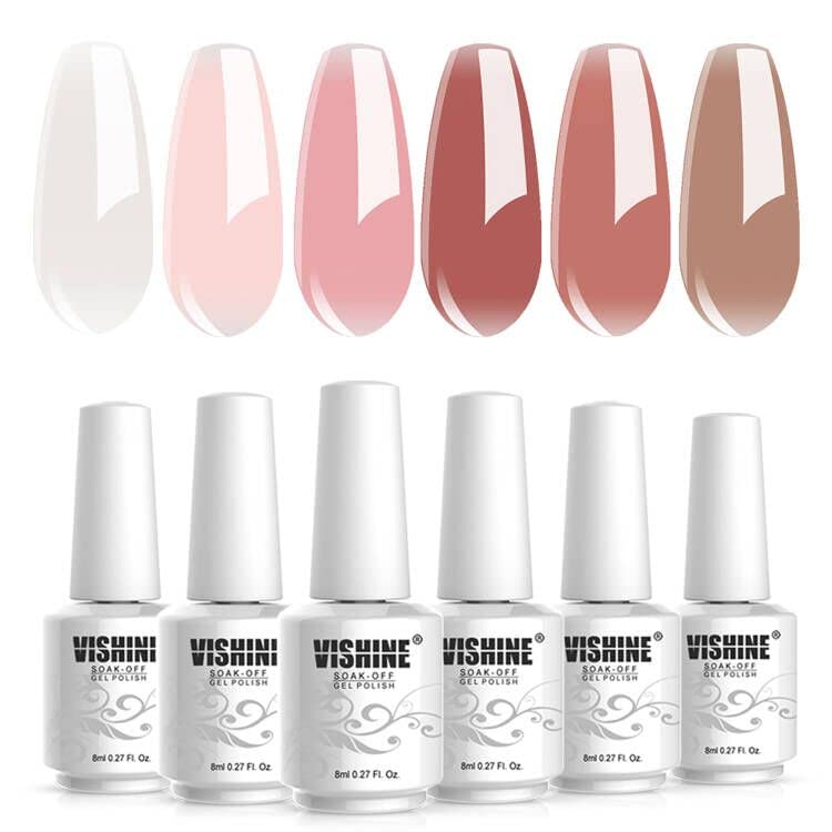 Vishine Jelly Milky White Pink Nude Transparent Gel Nail Polish Set of 6 Glass Sheer Colors Gel Polish Kit UV LED Soak Off Nail Art Varnish 8ml