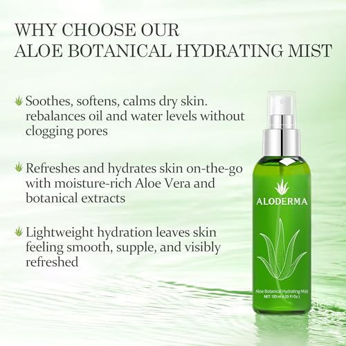 Aloderma Organic Aloe Botanical Hydrating Mister - Made within 12 Hours of Harvest to Soothe & Moisturize, Lightweight Fine Mist Facial Spray - Refresh & Hydrate Skin Through the Day, 120ml/4.23Oz