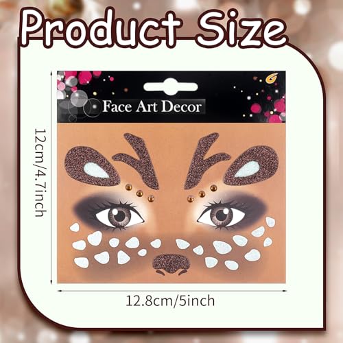 Deer Face Stickers Christmas Face Tattoo for Women Men with Rhinestone Self Adhesive Glitter Stickers Cute Animal Deer Face Tattoos Eyes Body Makeup Party Cosplay Supplies 2Pcs