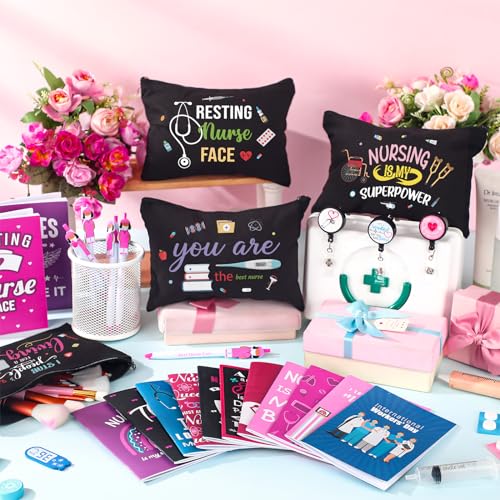 Yeaqee 48 Pcs Nurse Christmas Appreciation Gifts Set Bulk Include Makeup Cosmetic Bag Pocket Journal Notebooks Ballpoint Pen Badge Reel for Christmas Women Rn Assistant Student(Black,Nursing)