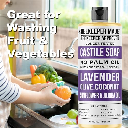 Beekeeper Made Natural Castile Soap, 32 fl oz | No Palm Oil, 8 Ingredients, Pure Olive, Coconut, & Sunflower Oils, GMO Free, For Sensitive Skin, Made in the USA (Lavender)