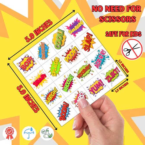Hero Temporary Tattoos for Kids - 96 PCS Pre Cut Cute Hero Comic Boom Wow Bang Pow Omg Themed Tattoo Stickers for Birthday Party Decorations Favors Supplies Goodie Bag Fillers Gifts for Boys Girls