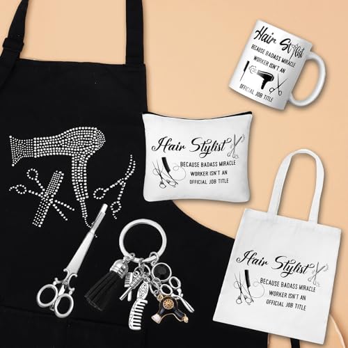Coume 7 Pcs Hairdresser Gift Set for Women Hairstylist Apron Tote Bag Makeup Bag Mugs Scissors Charm Keychain Scissor Hair Clips and Box for Female Inspirational Appreciation Gifts