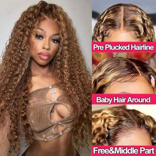 Highlight Ombre 13x4 Lace Front Wig Human Hair Pre Plucked HD Transparent 4/27 Honey Blonde lace frontal Wigs with Baby Hair 180% Density Colored Water Wave Lace Front wig for Women 26 inch