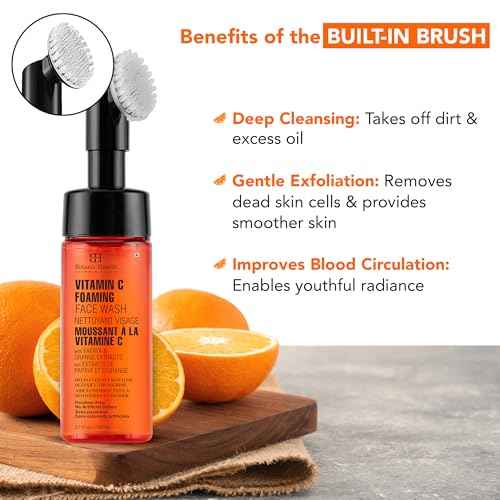 Botanic Hearth Vitamin C Foaming Face Wash With Papaya & Orange | Extracts Built|In Silicone Brush | For Cleansing & Glowing Skin | Paraben & Sulphate Free | Face Cleanser For Women & Men | 5.1 Fl Oz