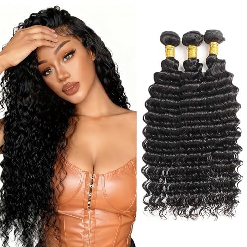 Freiuoke Deep Wave Human Hair Bundles 28-32 Inch Natural Black Virgin Hair - #G1B