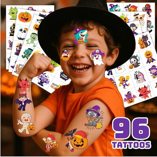 96 Pre-Cut Halloween Temporary Tattoos for Kids Party Favors