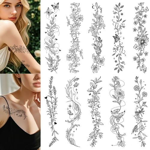 Floral Temporary Tattoos Long Black Butterfly Wild Flower Waterproof Fake Tattoos 10 Sheets Body Art Stickers for Women(Black flowers-10A)