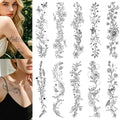 Floral Temporary Tattoos Long Black Butterfly Wild Flower Waterproof Fake Tattoos 10 Sheets Body Art Stickers for Women(Black flowers-10A)