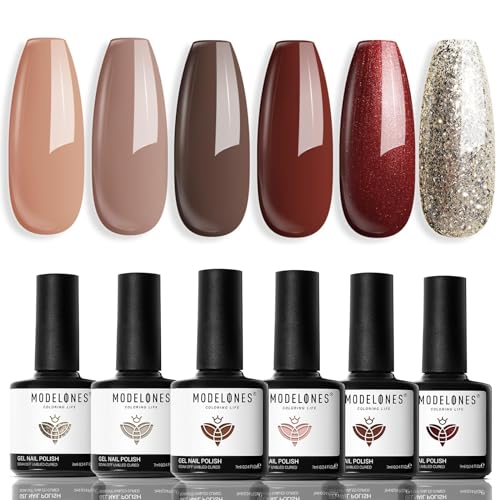 Modelones Gel Nail Polish Set Holiday Edition - Nude to Burgundy Glitter 6 Colors (B Holiday Set)