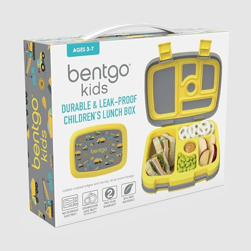 Bentgo Kids Prints Leak-Proof, 5-Compartment Bento-Style Kids Lunch Box - Ideal Portion Sizes for Ages 3-7, Durable, Drop-Proof, Dishwasher Safe, & Made with BPA-Free Materials (Construction Trucks)