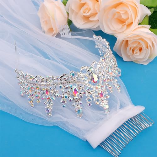 KICOSY Sliver Wedding Crowns Veils for Women, Bride Wedding Tiara Adult White Veils Bridal Headband Hair Accessories, Princess Decorations for Girls Crystal Crown for Bachelorette Bridal Party