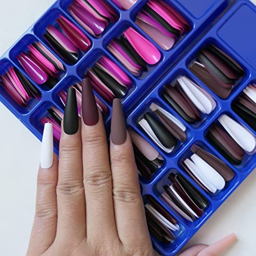 LoveOurHome 200pc Coffin Press on Nails long Gel Glossy Fake Nails Full Cover Colored Artificial Fingernail False Acrylic Tips 10 Colors for Women Girls Manicure Design