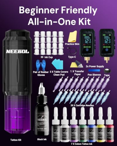 Neebol Wireless Tattoo Gun Kit with 2 Batteries & 20 Needles