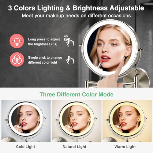 30X/1X Wall Mounted Makeup Mirror with Light: 8.5 Inch Double-Sided, 3 Color Modes, USB-C Rechargeable, 360¡Æ Swivel, Brushed Nickel