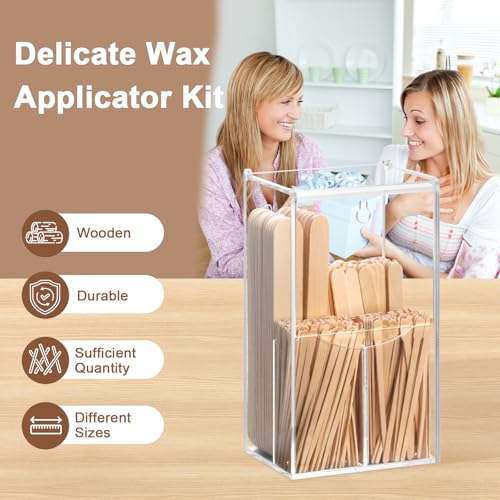300 PCS 4 Style Waxing Sticks Wooden with Acrylic Organizer Assorted Wax Applicator Sticks Small Medium Large Popsicle Sticks Bulk Craft Sticks Jumbo for Body Legs Face WoodCraft Tongue Depressor