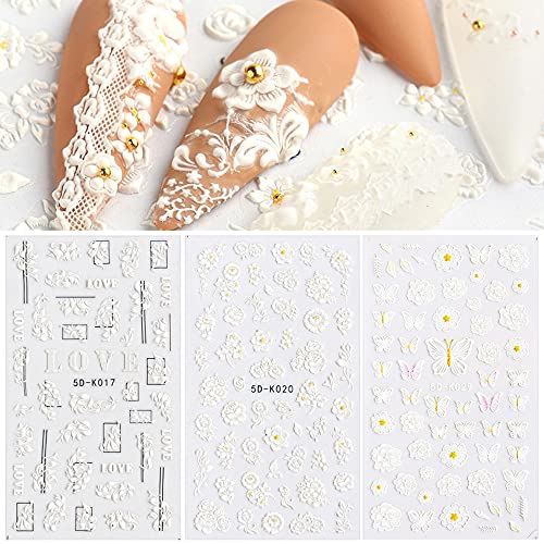 5D Embossed Flower Nail Art Stickers Realistic Rose Butterfly Leaf Nail Decals Self-Adhesive Acrylic Engraved Nail Decoration Accessories Sliders for Women Nail Art Designs DIY Nail Decor (4 Sheets)