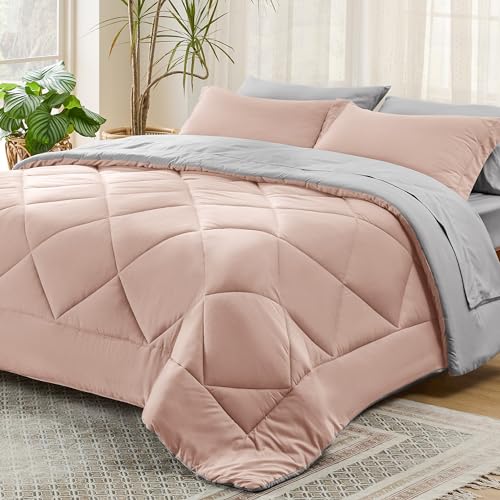 Bedsure Blush Pink Twin Comforter Set - 5 Pieces Reversible Twin Bed in a Bag, Extra Long Twin Bed Set with Comforters, Sheets, Pillowcase & Sham, Twin Bedding Sets for College