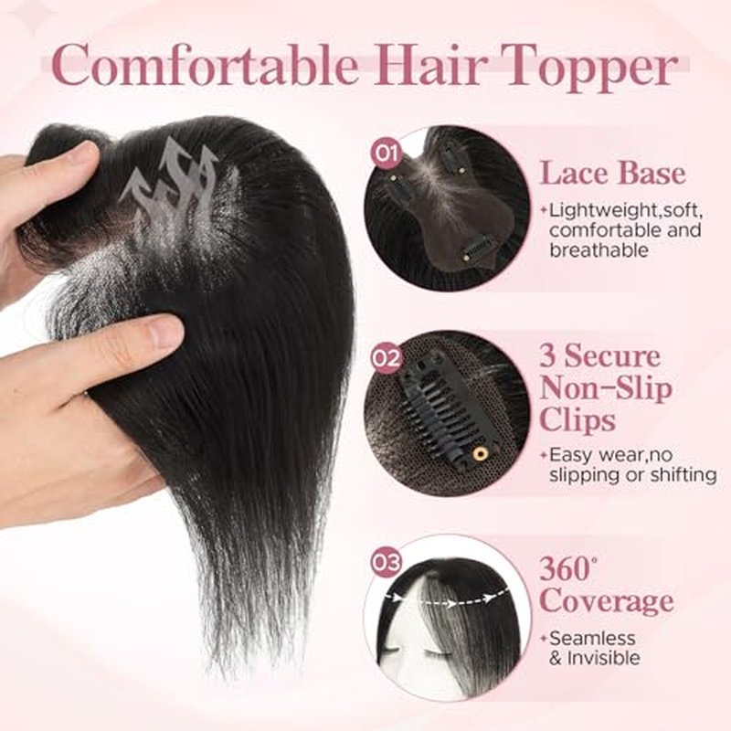 Human Hair Topper with Curtain Bangs - 11 Inch Clip-In for Thinning Hair