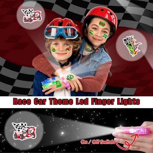 72 PCS Race Car Party Favors ? 48 PCS Tattoos & 24 PCS LED Finger Lights Combo ? Birthday Goodie Bag Fillers, Party Supplies, Gifts Light Up Toys Glow In The Dark for Boys and Girls