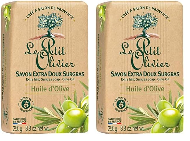 Le Petit Olivier Extra Mild Surgras Soap - Olive Oil - Gently Cleanses Skin - Delicately Perfumed - Vegetable Origin Based - 8.8 Oz (Pack of 2)