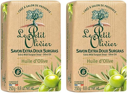 Le Petit Olivier Extra Mild Surgras Soap - Olive Oil - Gently Cleanses Skin - Delicately Perfumed - Vegetable Origin Based - 8.8 Oz (Pack of 2)