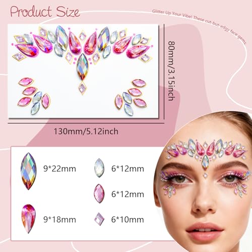 Mermaid Face Jewels Stick On - 8 Sets Self-Adhesive Festival Gems