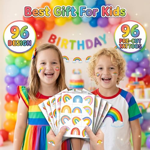 96 Pastel Rainbow Temporary Tattoos for Kids