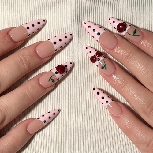 Pink Almond French Press-On Nails with 3D Cherry Design - 24 Pcs