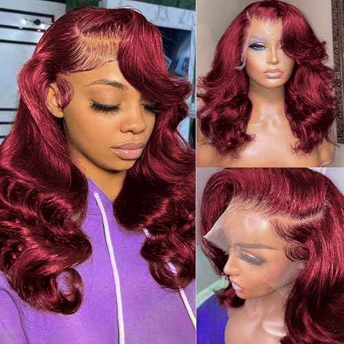 99j Burgundy Lace Front Wigs Human Hair 13x4 Bob Wig Human Hair Pre Plucked 200 Density HD Transparent Body Wave Lace Front Wigs Human Hair Red Colored Short Bob Wig for Women with Baby Hair 14inch