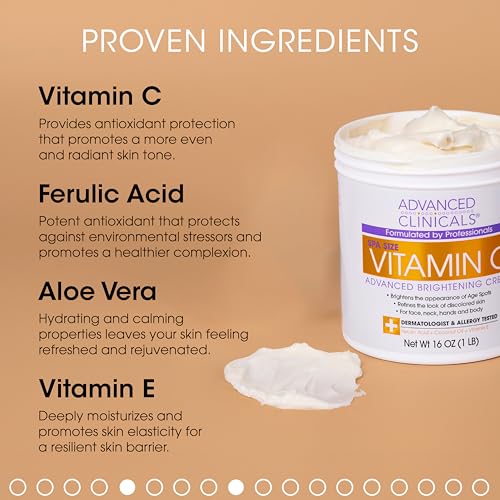 Advanced Clinicals Vitamin C Cream Face & Body Lotion Moisturizer | Anti Aging Skin Care Firming & Brightening Cream For Body, Face, Uneven Skin Tone, Wrinkles, & Sun Damaged Dry Skin, 16 Oz