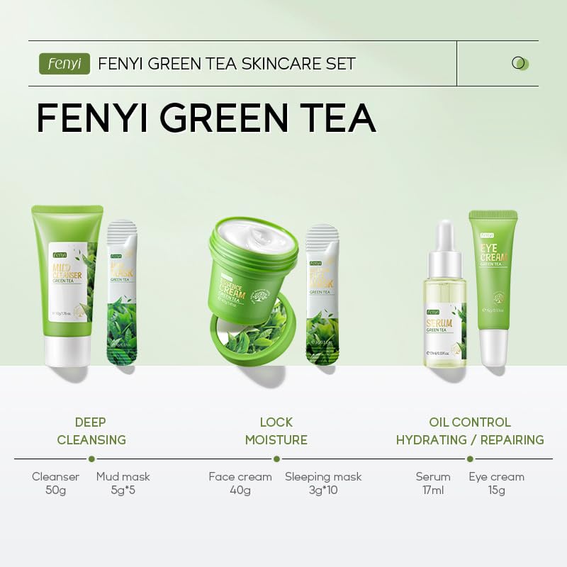 Green Tea Skincare Set, 19-In-1 Skincare Gift Set, With Natural Extracts,Cleanser,Face Serum, Face Cream, Eye Cream, Facial Mask And Mud Mask,Moisturizing Skincare Set For Teen Girls