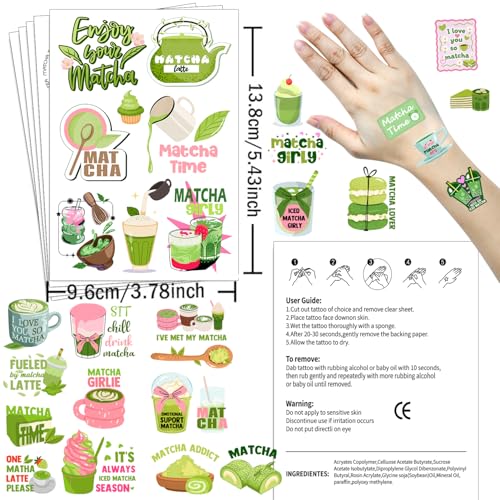 152-Piece Matcha Temporary Tattoos - 20 Sheets Party Favors