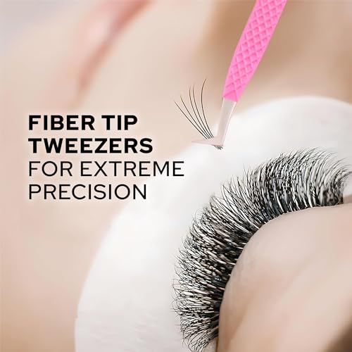 M LASH Tweezers for Eyelash Extensions (Set of 4) - Professional Lash Extension Tweezers - Fiber Tip, Japanese Steel, Diamond Grip Eyelash Extension Tweezer set (Black)