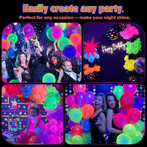 100 UV Neon Balloons - 12 Inch Glow in the Dark Party Supplies