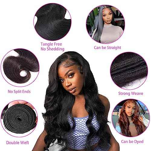 Body Wave Bundles with Closure Brazilian Human Hair 3 Bundles with Closure(10 12 14+10) Inch Body Wave 100% Unprocessed Virgin Hair Bundles with 4x4 Lace Closure Free Part Natural Color