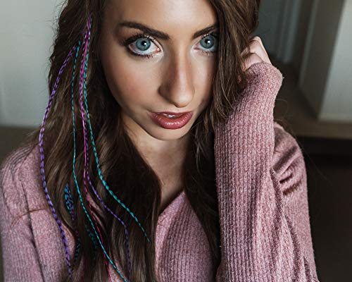 Feather Hair Extensions, 100% Real Rooster Feathers, Long Pink, Purple, Blue Colors (B1 Striped Kit)