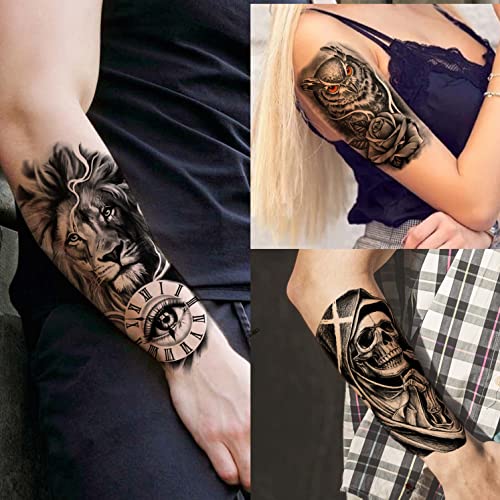 EGMBGM 20 Sheets Black Tribal Wolf Tiger Lion Temporary Tattoo Sleeve For Men Adults, 3D Halloween Prison Gothic Maori Sleeve Tattoos For Women, Fake Full Arm Sleeve Tattoo Stickers Skull Skeleton