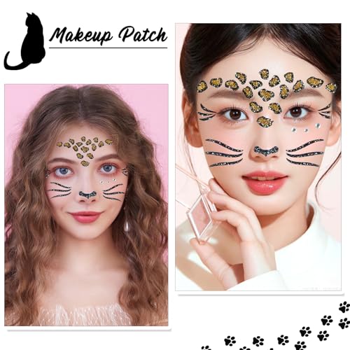 Leopard Face Temporary Tattoos Cheetah Face Stickers Leopard Face Stickers Cheetah Face Tattoo Makeup Cheetah Leopard Print Tattoos Glitter Halloween Cosplay Costume Accessories for Face Stickers 1Pcs