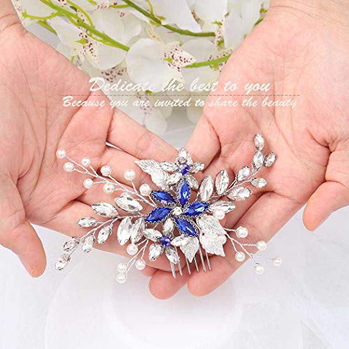 Blue Rhinestone Wedding Hair Comb with Silver Alloy