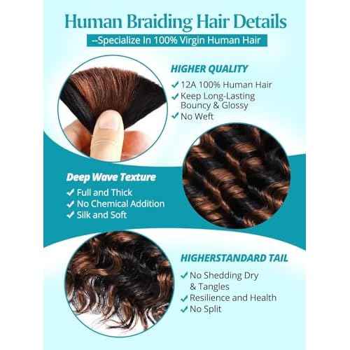 160g 5 Bundles/Pack Ombre Brown Human Braiding Hair for Boho Braids 14 Inch Curly Boho Hair for Braiding Knotless 12A Deep Wave Bulk Bohemian Color P1B/30