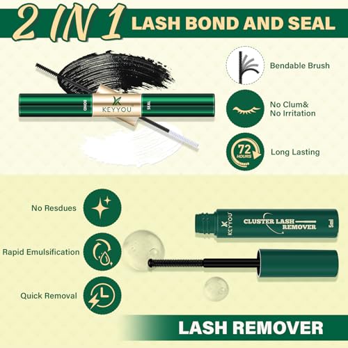 KEYYOULASH Manga Lash Clusters Kit 8-18mm Eyelash Clusters Kit DIY Lash Extension Kit Natural Fairy Cluster Lashes with Lash Bond Seal Remover Applicator Soft Thin Band(MG02)