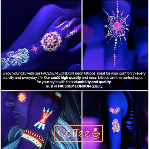 Glow in the Dark Neon Temporary Tattoos - 20 Sheets, 170+ Unique Designs for Party Rave Festival